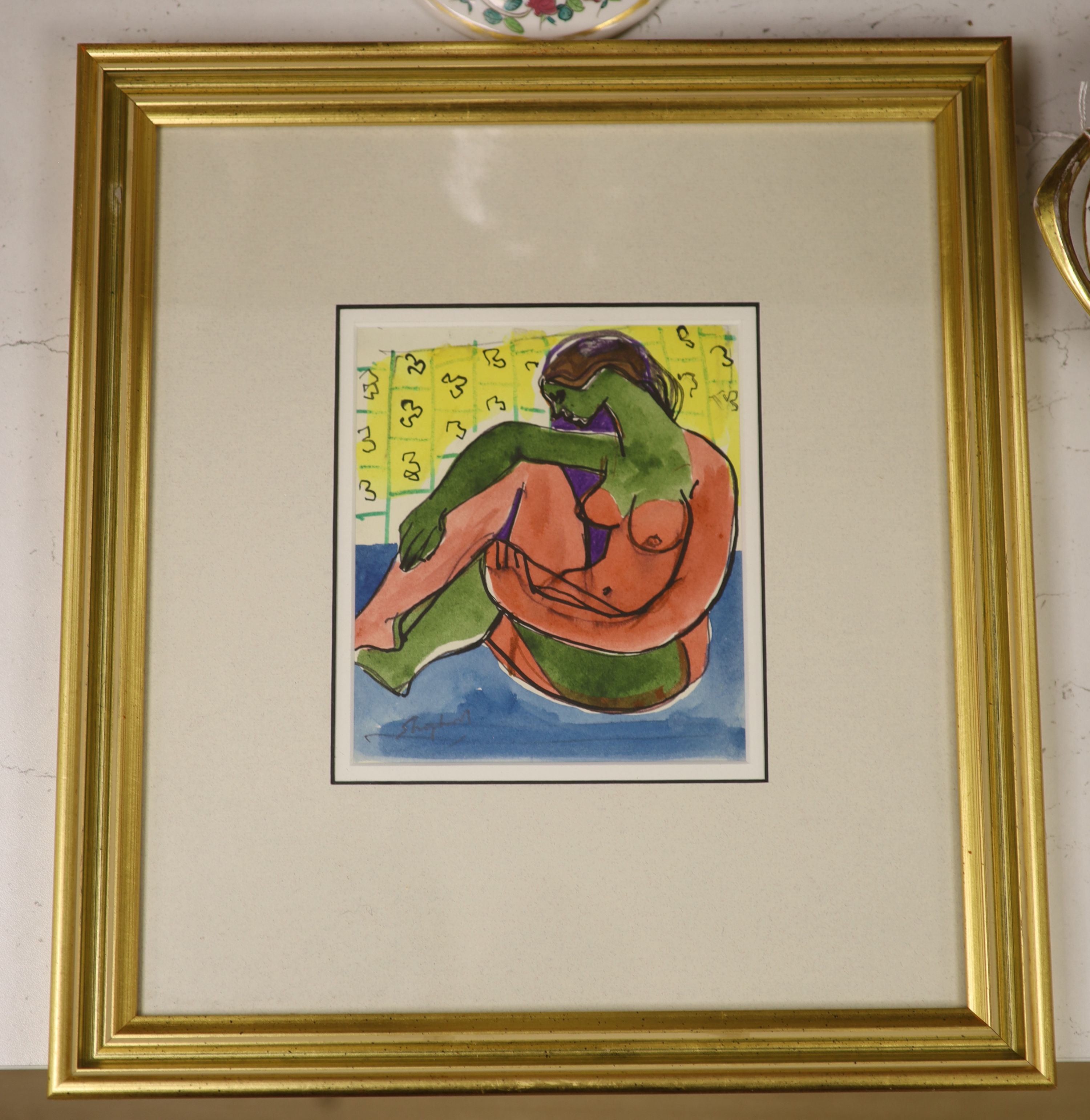 Sydney Horne Shepherd (1909-1993), ink and watercolour, Seated nude, signed, 15 x 13cm